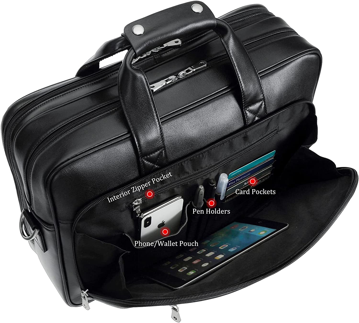 Compalo Men's Solid Thick Full Grain Leather 17.3" Laptop Briefcase Classic Messenger Bag Fit Business Travel - Image 3